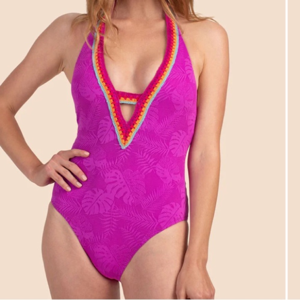Trina Turk Fuchsia One-Piece Swimsuit with Rainbow Trim